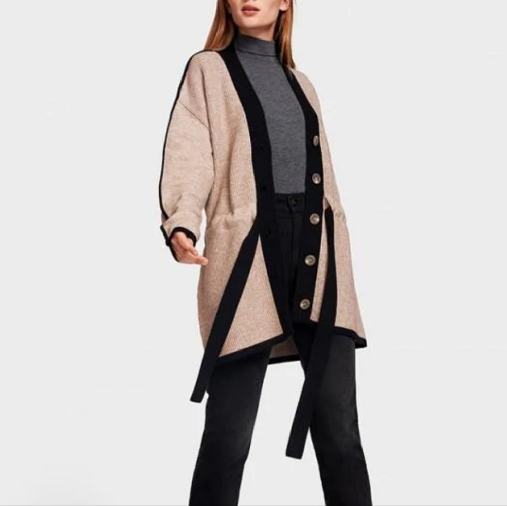 White + Warren Oversized Cream and Black Cardigan Sweater